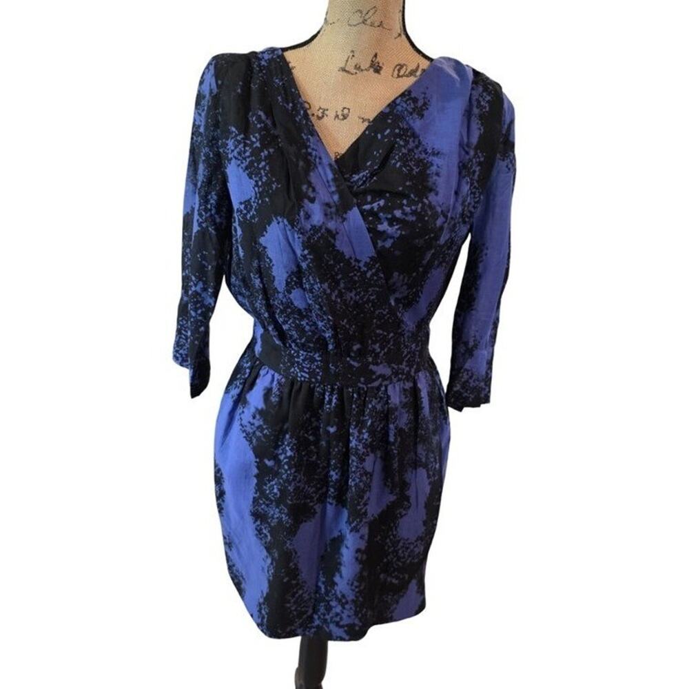 Twinkle by Wenlan Blue Black Abstract Splatter Silk Blend Open Back Dress 6
